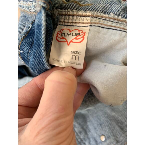 Fly Up Very Distressed Denim Overalls Size M (Missing one side button, photo 4) - Picture 5 of 6